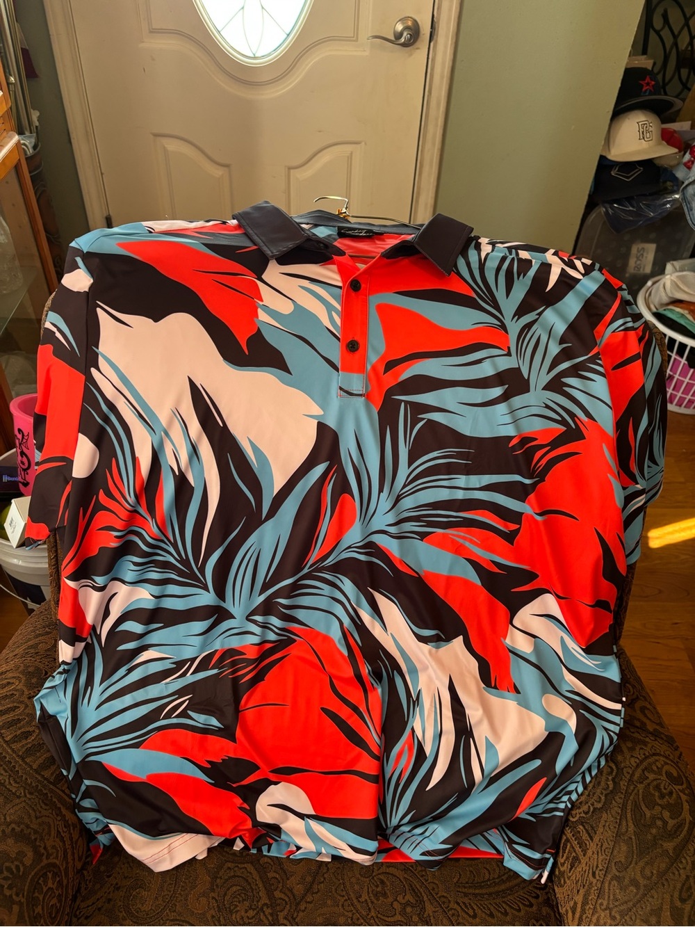 Sunday Swagger 3X Men's Tropical Print Polo Shirt - Red, Black & Light Blue